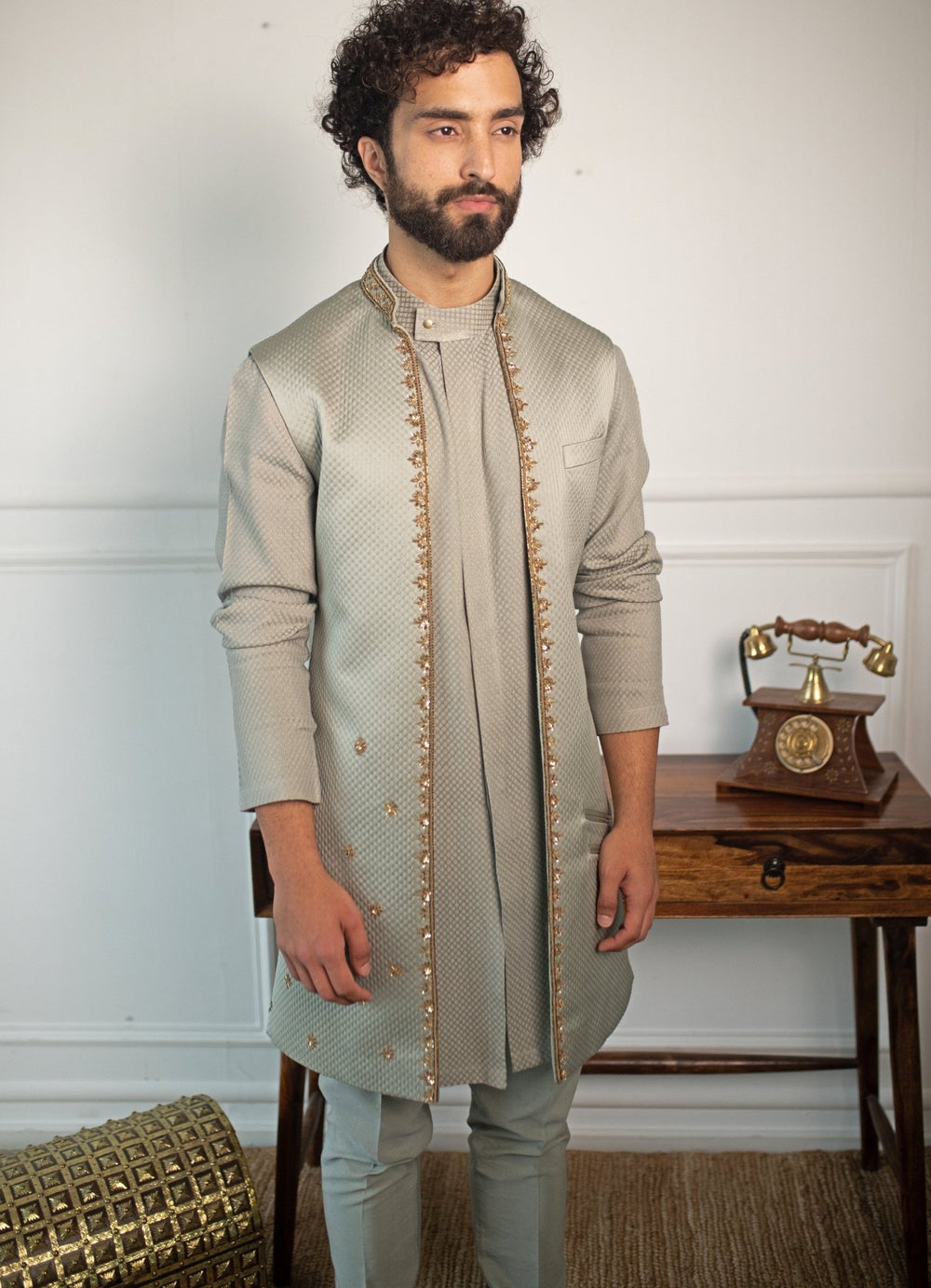 Sage Hand embroidered Kurta and pant set with shrug Contrast by Parth - Fabilicious Fashion