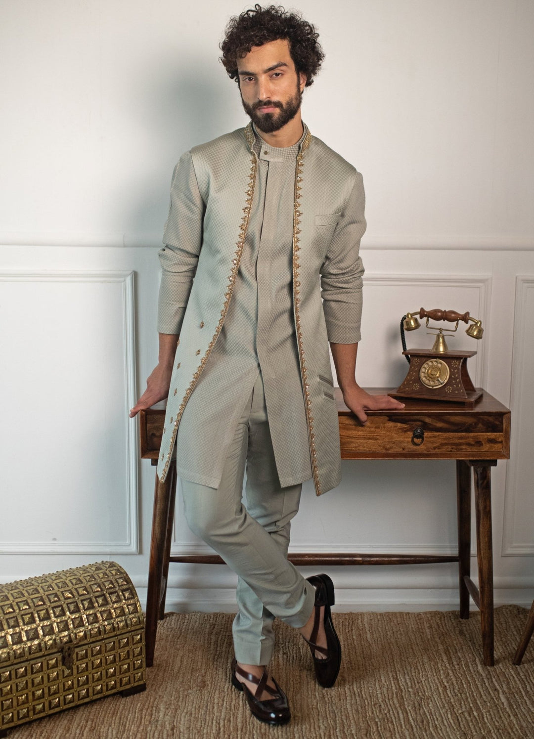Sage Hand embroidered Kurta and pant set with shrug Contrast by Parth - Fabilicious Fashion