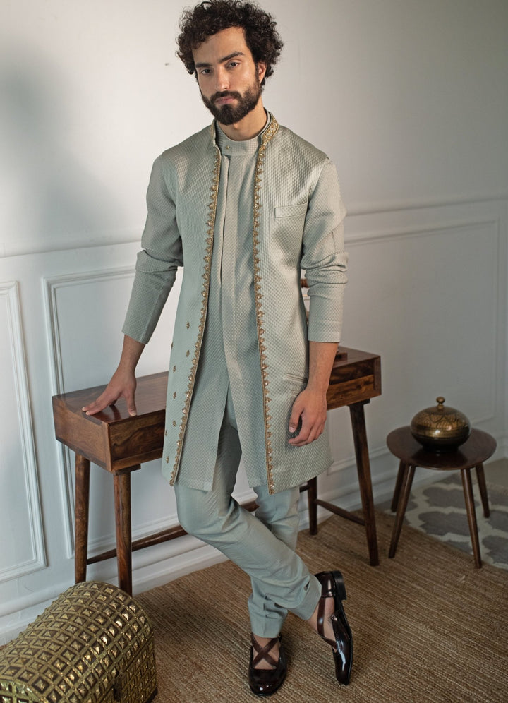 Sage Hand embroidered Kurta and pant set with shrug Contrast by Parth - Fabilicious Fashion