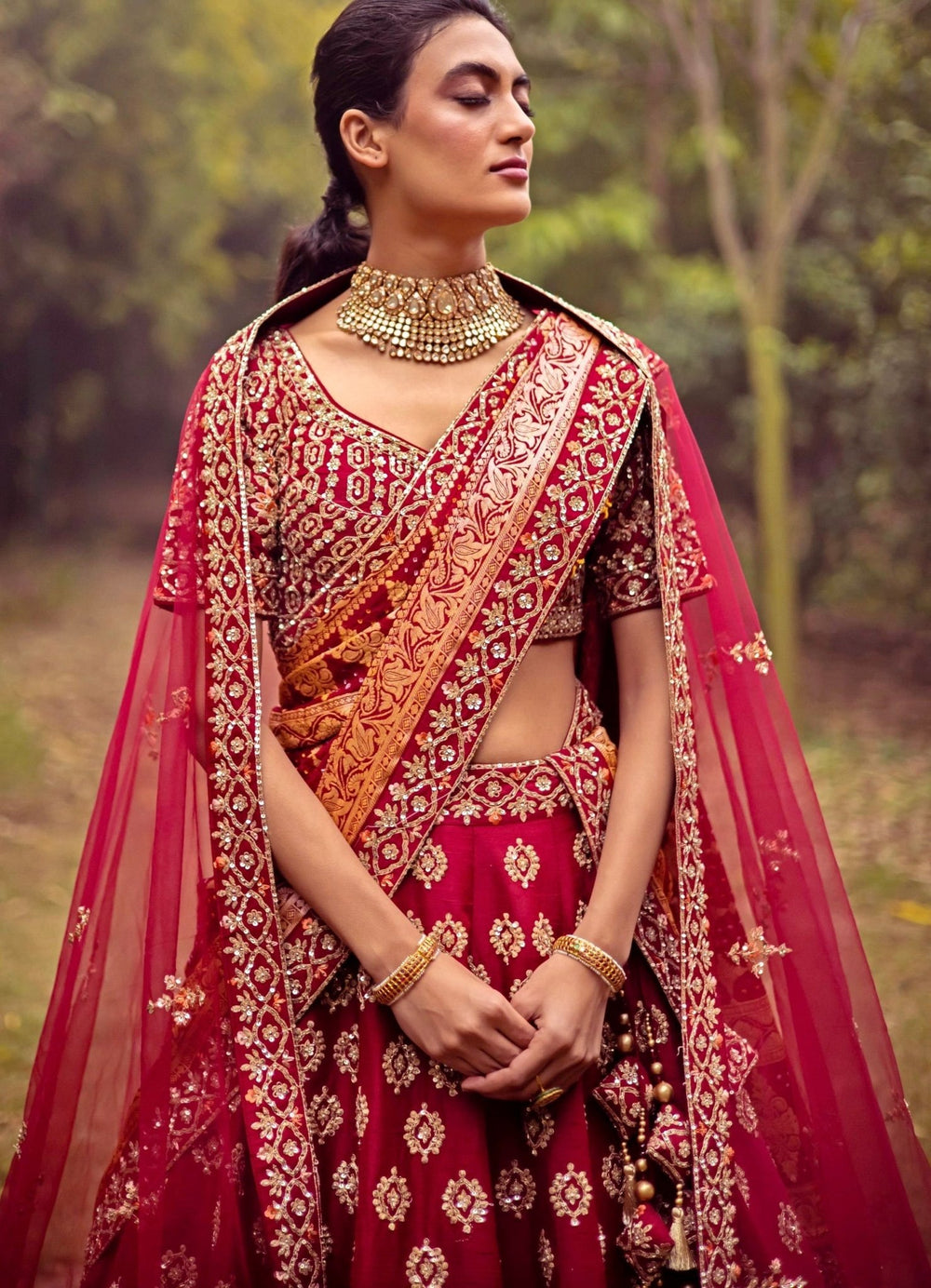Saira Maroon and Orange Double Dupatta Lehenga Set Angad Singh - Fabilicious Fashion