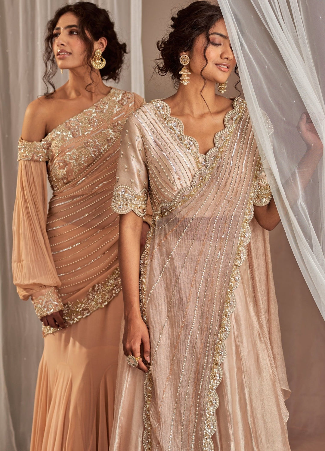 Salmon Pink Fish Cut Georgette Saree With One Shoulder Blouse Nidhika Shekhar - Fabilicious Fashion