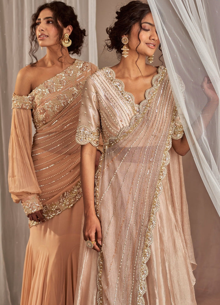 Salmon Pink Fish Cut Georgette Saree With One Shoulder Blouse Nidhika Shekhar - Fabilicious Fashion