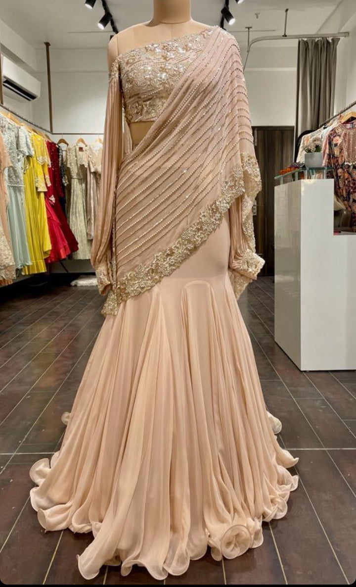 Salmon Pink Fish Cut Georgette Saree With One Shoulder Blouse Nidhika Shekhar - Fabilicious Fashion