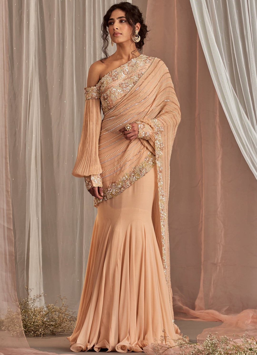 Salmon Pink Fish Cut Georgette Saree With One Shoulder Blouse Nidhika Shekhar - Fabilicious Fashion