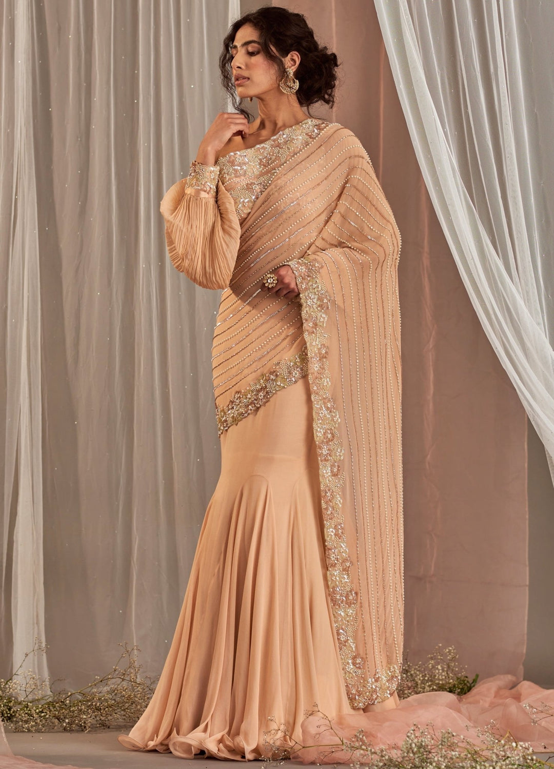 Salmon Pink Fish Cut Georgette Saree With One Shoulder Blouse Nidhika Shekhar - Fabilicious Fashion