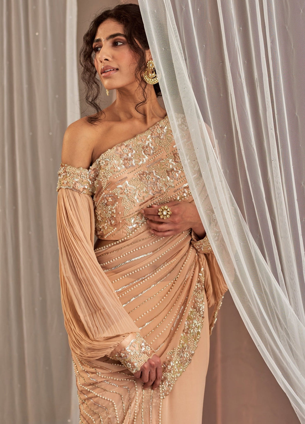 Salmon Pink Fish Cut Georgette Saree With One Shoulder Blouse Nidhika Shekhar - Fabilicious Fashion