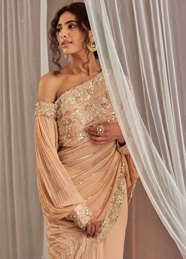Salmon Pink Fish Cut Georgette Saree With One Shoulder Blouse Nidhika Shekhar - Fabilicious Fashion