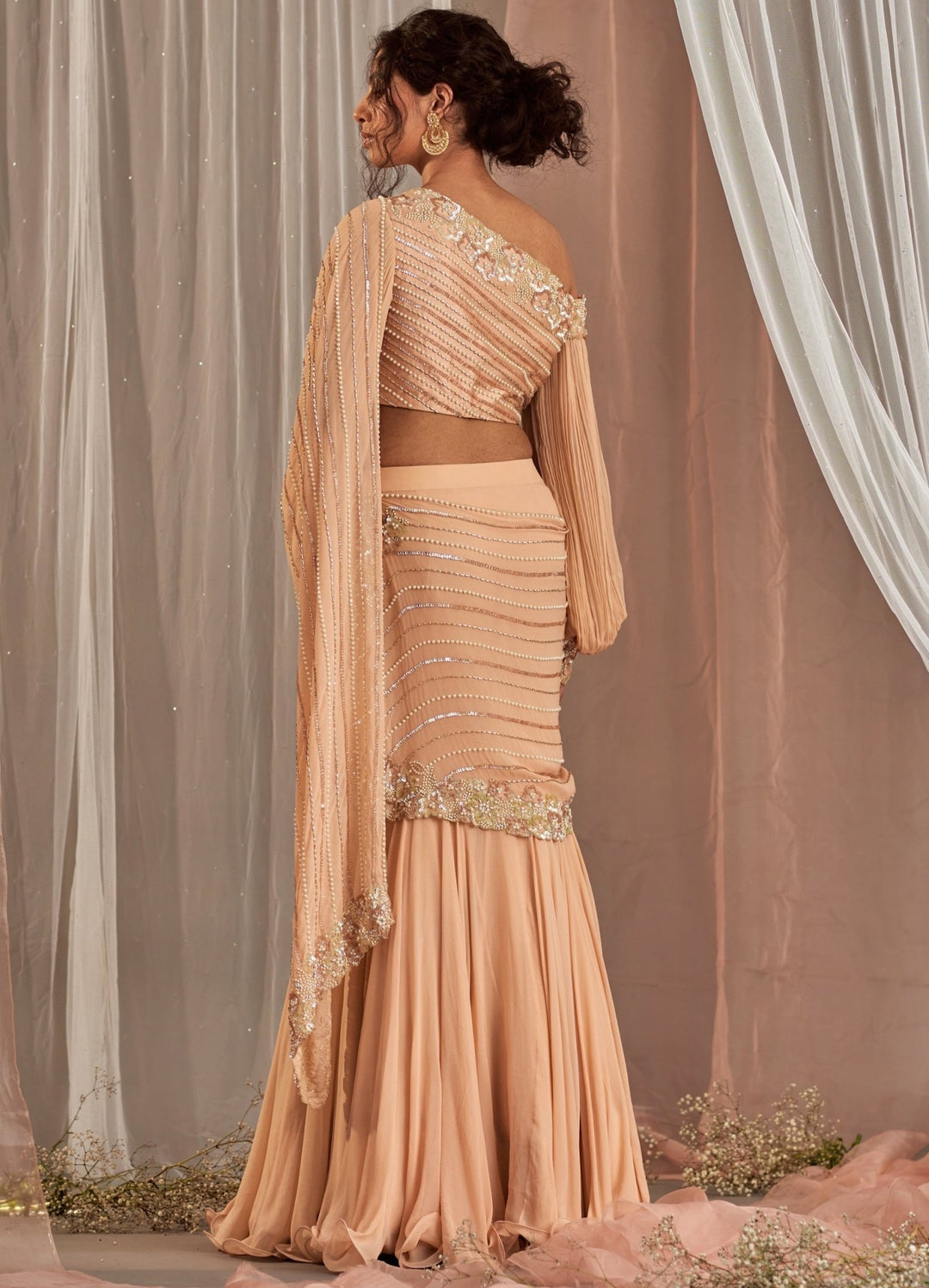 Salmon Pink Fish Cut Georgette Saree With One Shoulder Blouse Nidhika Shekhar - Fabilicious Fashion
