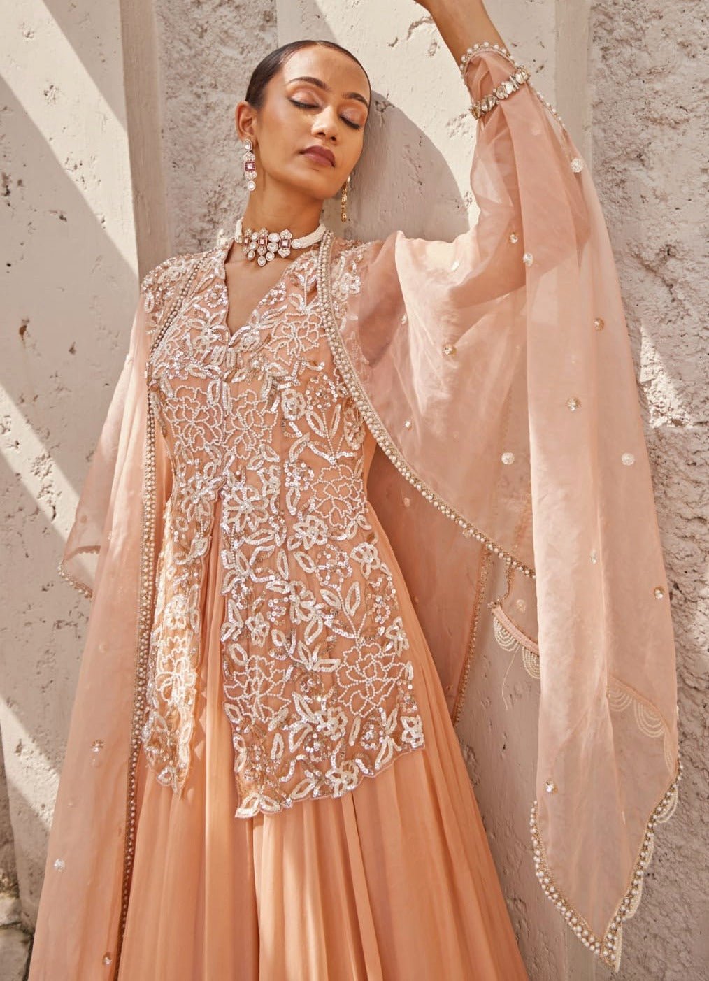 Salmon Pink Georgette Anarkali Set Nidhika Shekhar - Fabilicious Fashion