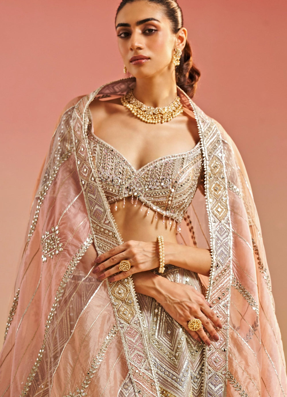 Salmon Pink Gota and Mirror Organza Lehenga Set Studio Iris - Fabilicious Fashion