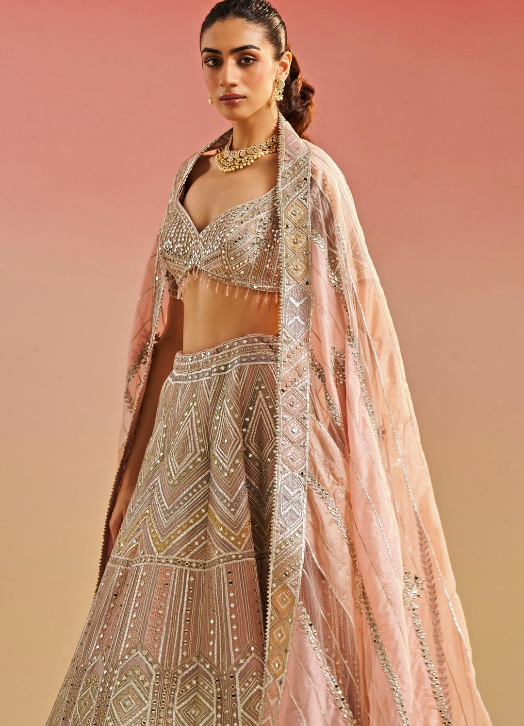 Salmon Pink Gota and Mirror Organza Lehenga Set Studio Iris - Fabilicious Fashion