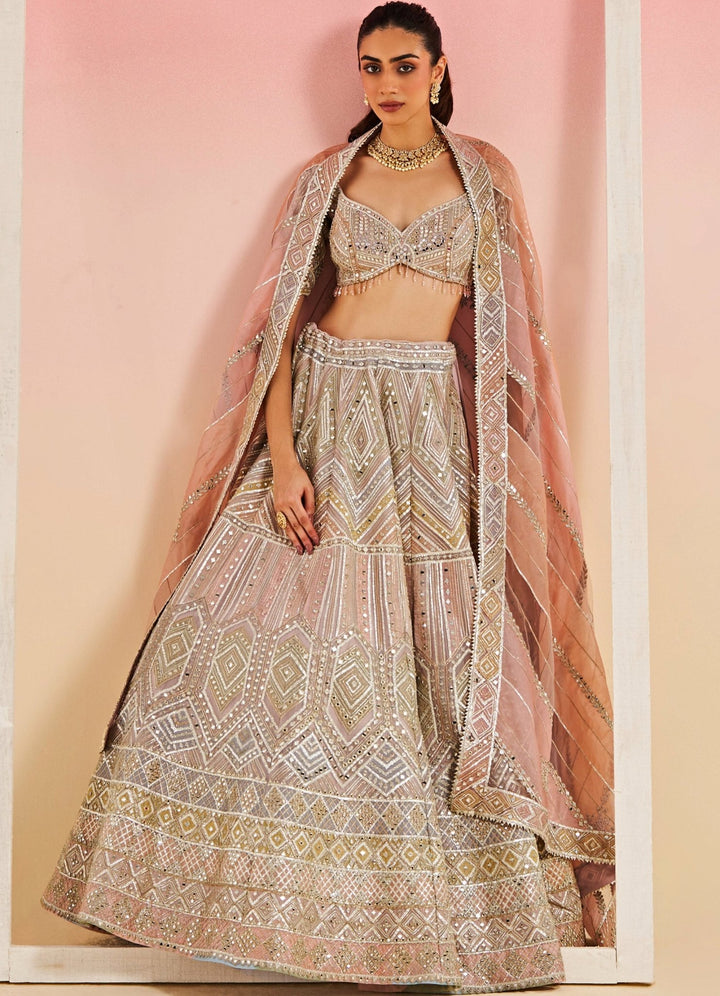 Salmon Pink Gota and Mirror Organza Lehenga Set Studio Iris - Fabilicious Fashion