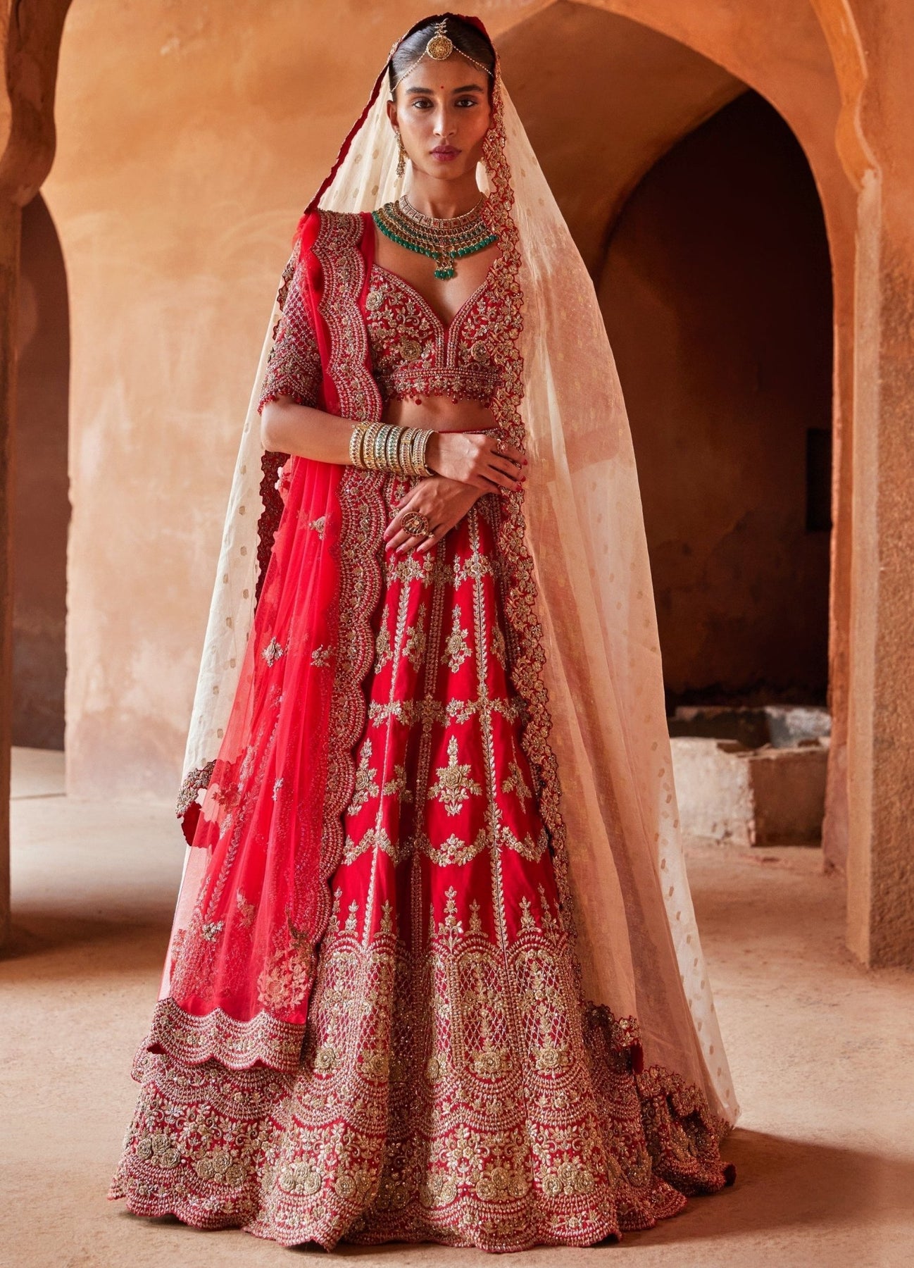 Scarlet Red Bridal Lehenga With Gold Floral Detailing Nitika