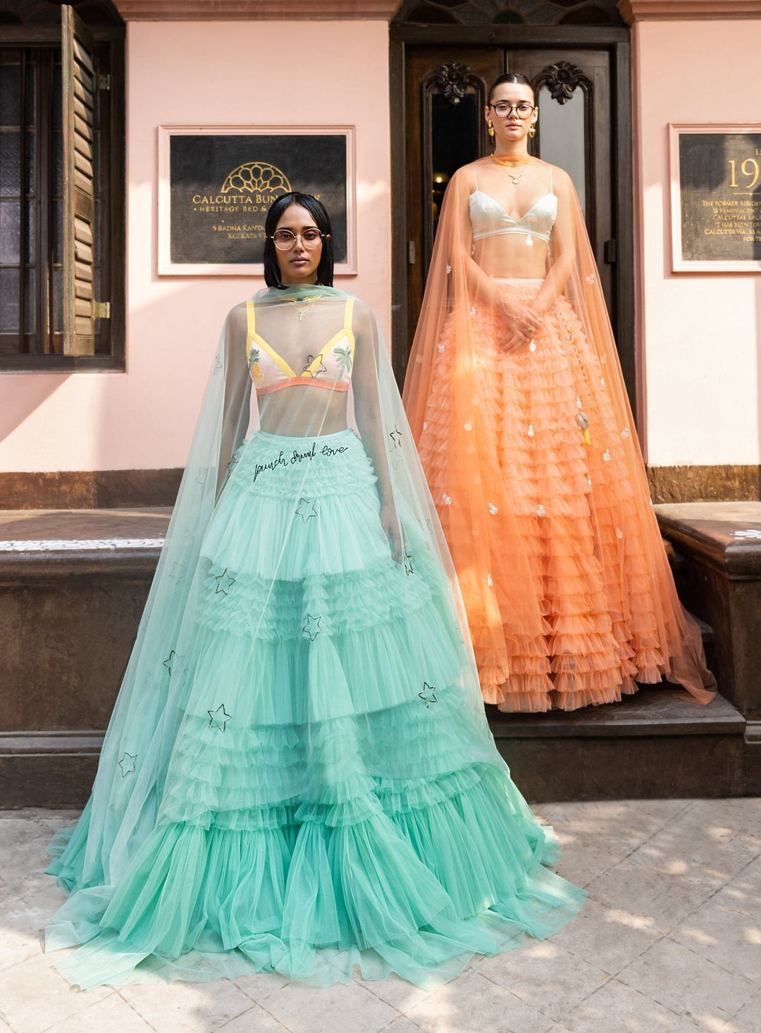 Sea foam tulle Lehenga with nude bralette and punch drunk love dupatta The Little Black Bow Fabilicious Fashion