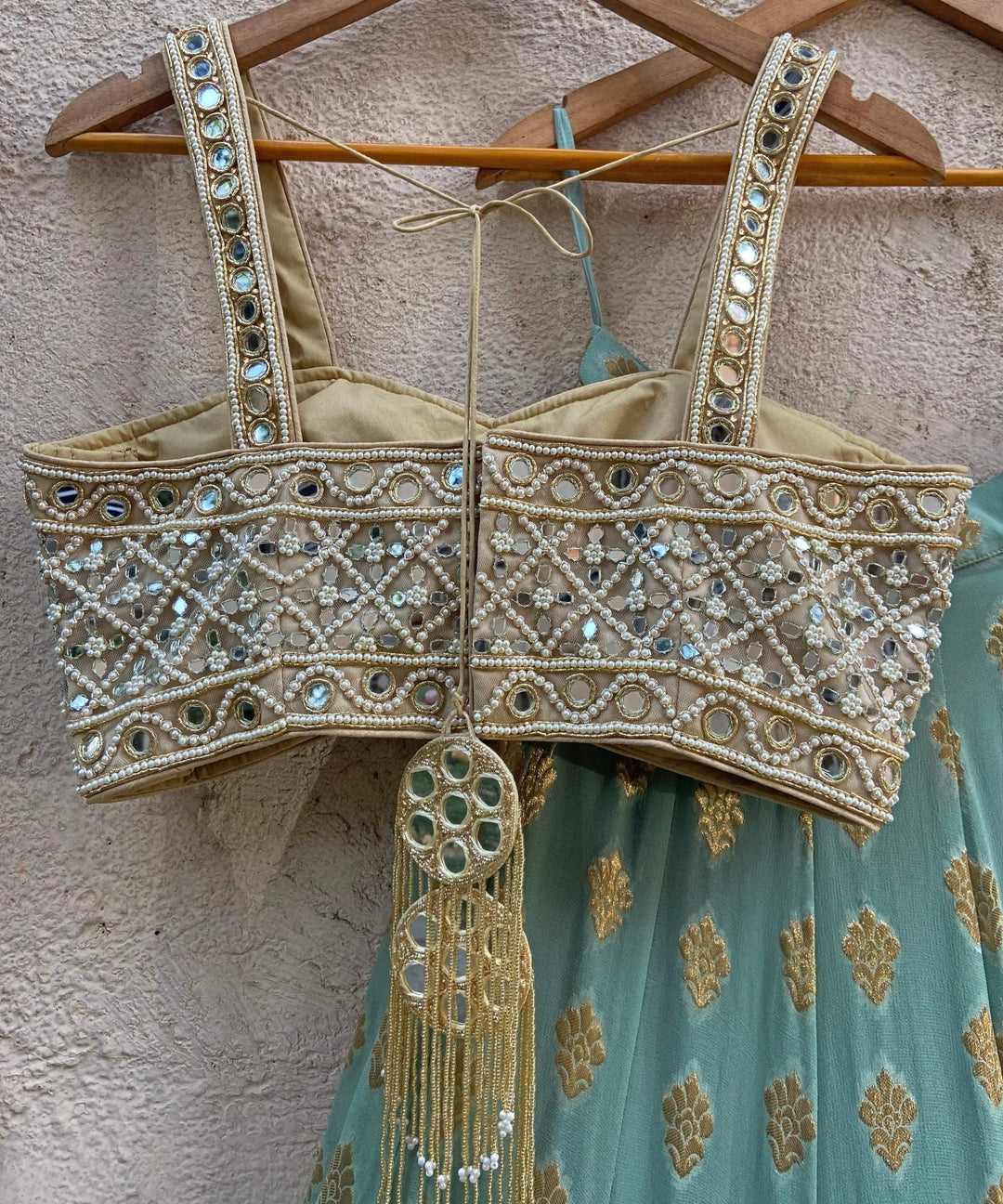 Sea Green and Gold Ruffle Lehenga Set With Bustier Mirror Blouse Priti Sahni - Fabilicious Fashion