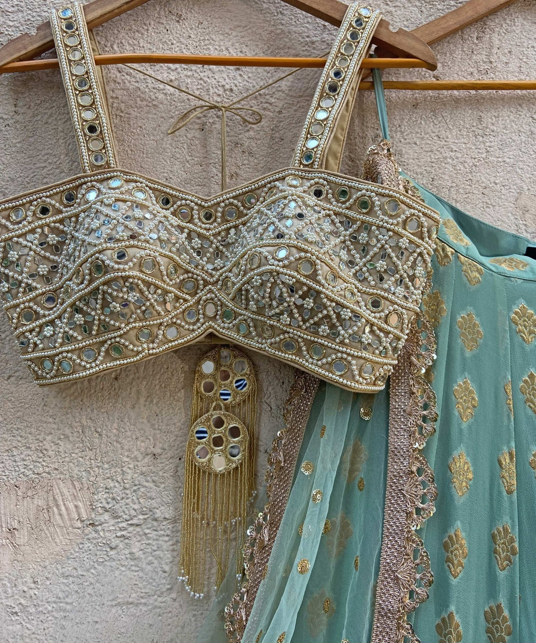Sea Green and Gold Ruffle Lehenga Set With Bustier Mirror Blouse Priti Sahni - Fabilicious Fashion