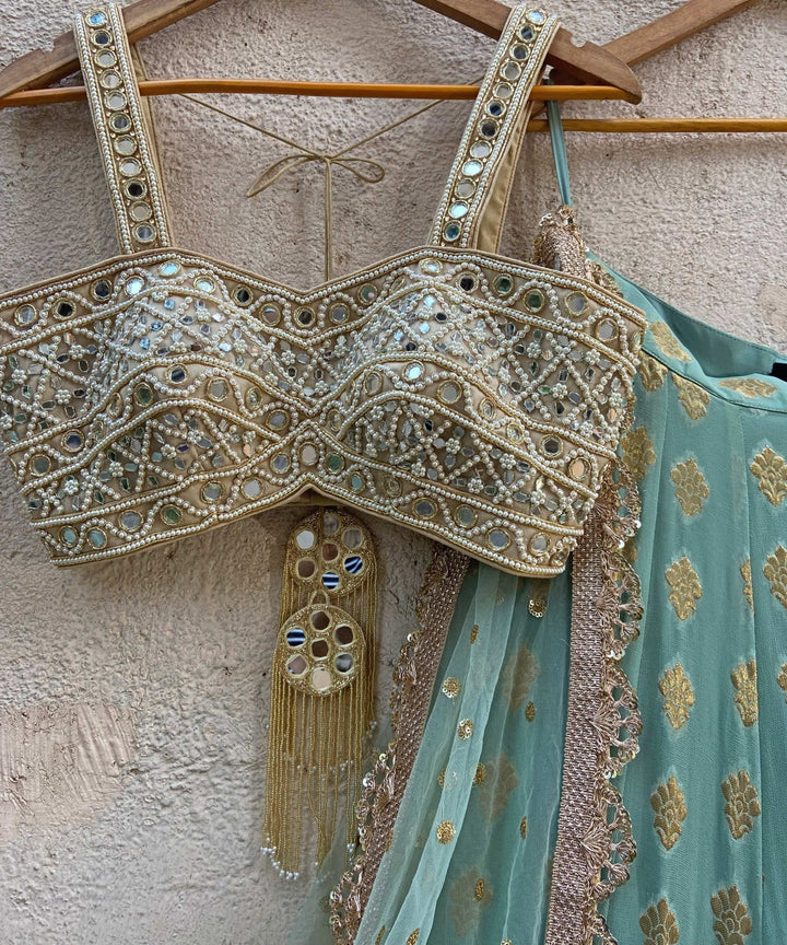 Sea Green and Gold Ruffle Lehenga Set With Bustier Mirror Blouse Priti Sahni - Fabilicious Fashion