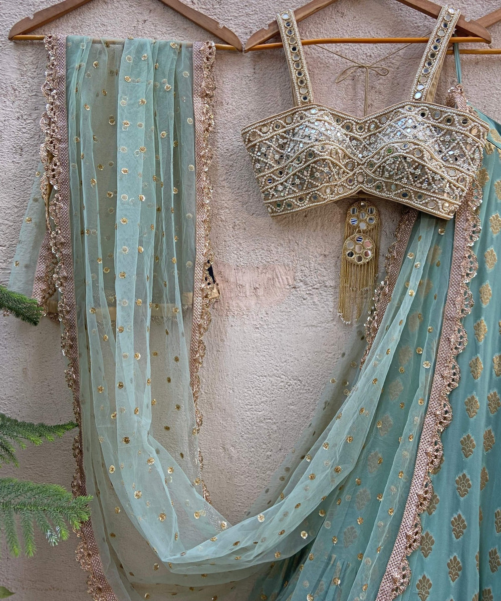 Sea Green and Gold Ruffle Lehenga Set With Bustier Mirror Blouse Priti Sahni - Fabilicious Fashion