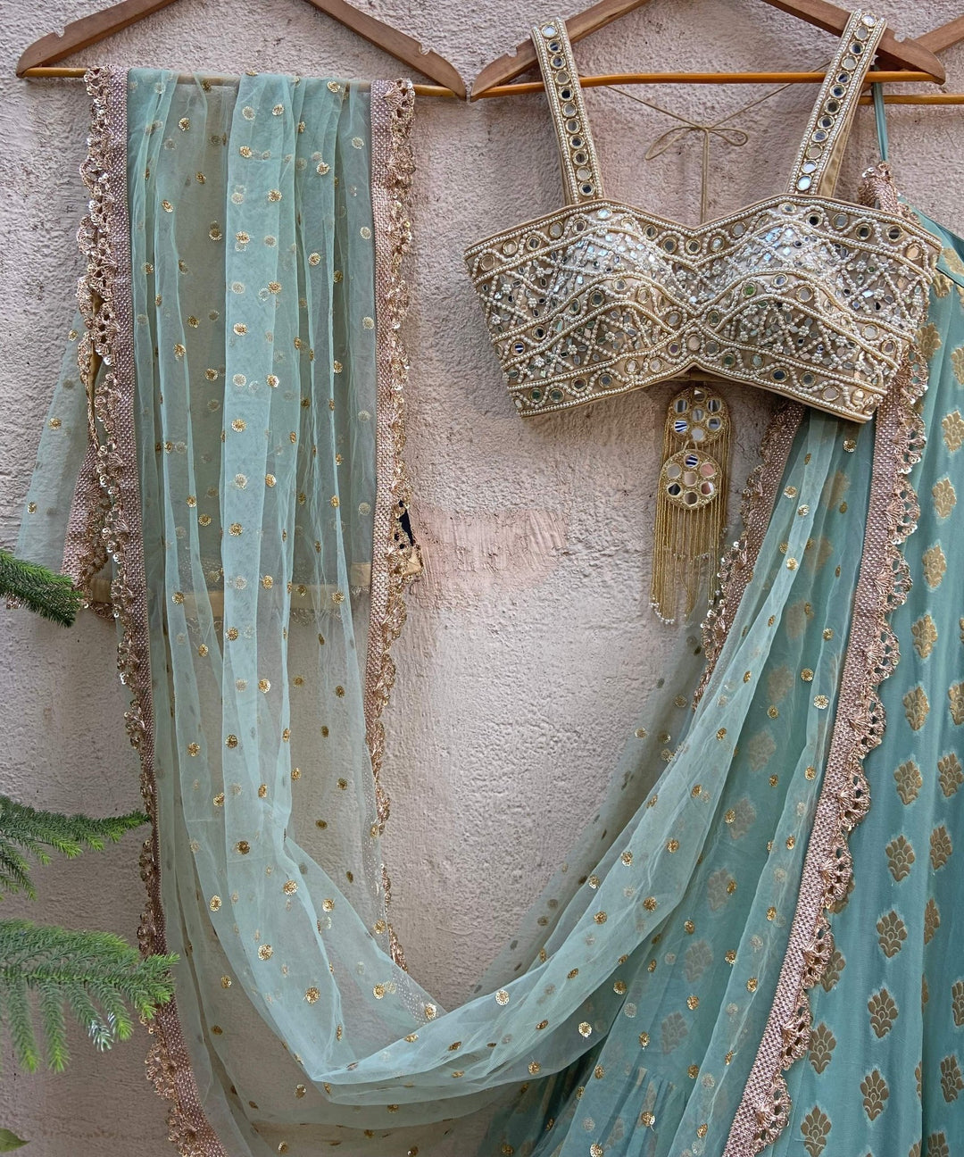 Sea Green and Gold Ruffle Lehenga Set With Bustier Mirror Blouse Priti Sahni - Fabilicious Fashion