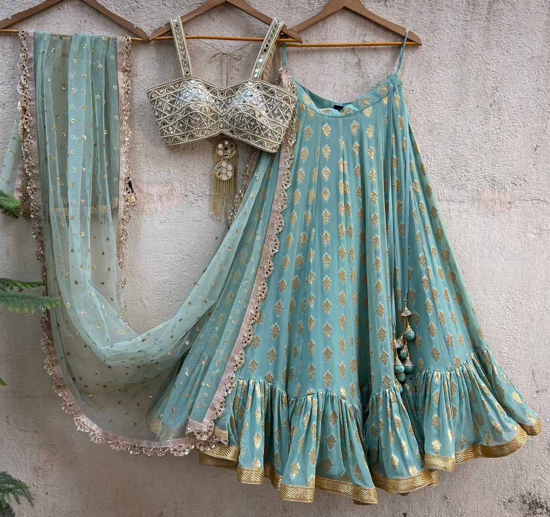 Sea Green and Gold Ruffle Lehenga Set With Bustier Mirror Blouse Priti Sahni - Fabilicious Fashion