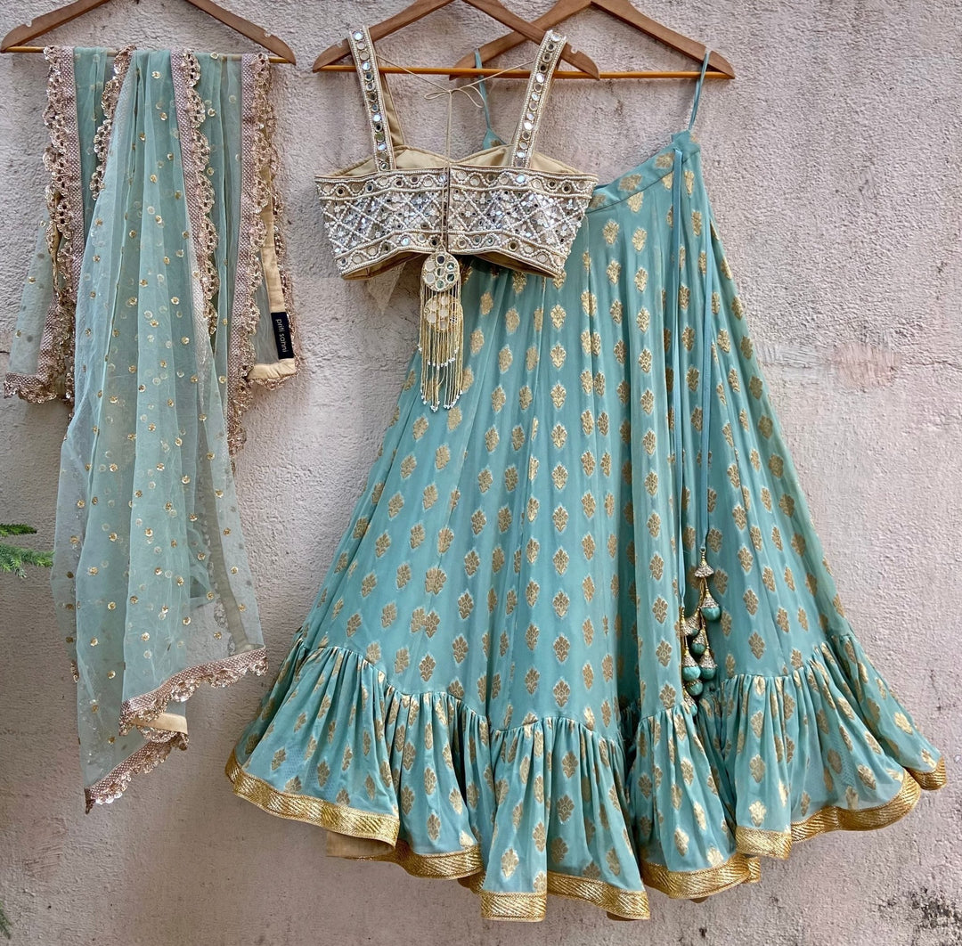 Sea Green and Gold Ruffle Lehenga Set With Bustier Mirror Blouse Priti Sahni - Fabilicious Fashion