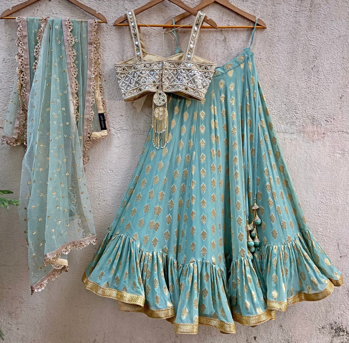 Sea Green and Gold Ruffle Lehenga Set With Bustier Mirror Blouse Priti Sahni - Fabilicious Fashion