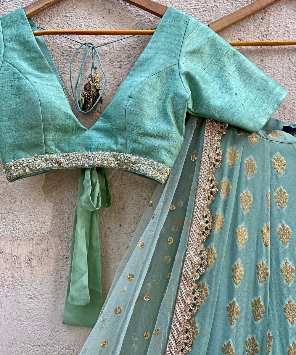 Sea Green and Gold Ruffle Lehenga Set Priti Sahni - Fabilicious Fashion