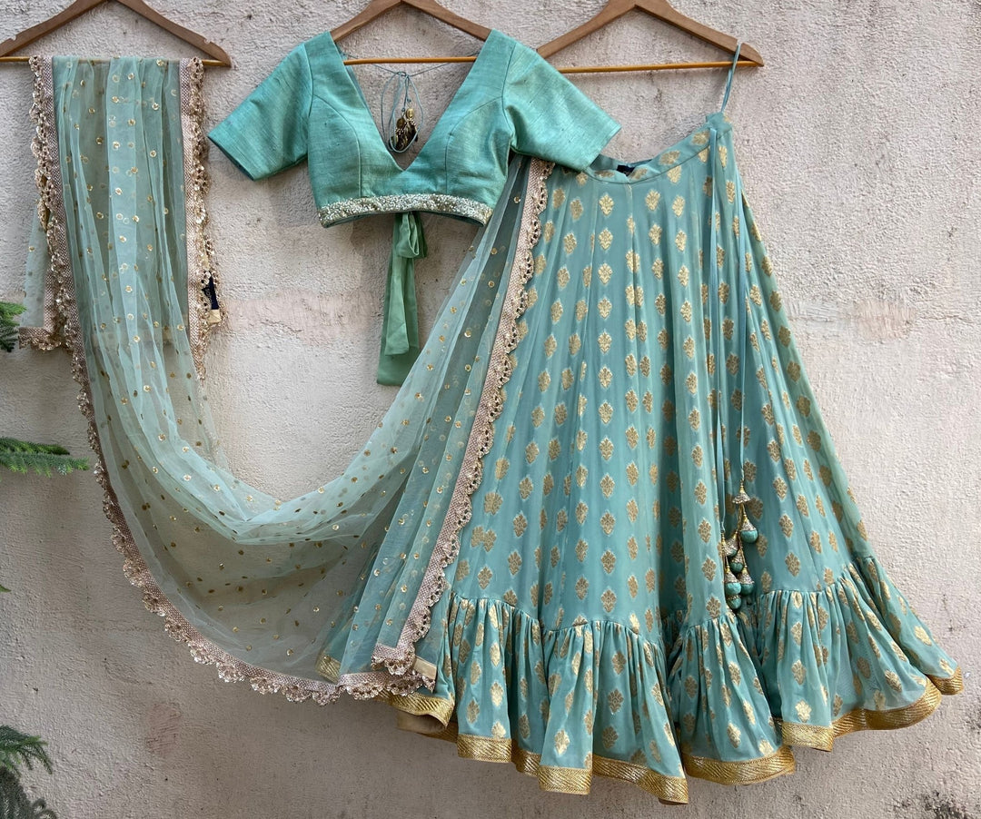 Sea Green and Gold Ruffle Lehenga Set Priti Sahni - Fabilicious Fashion