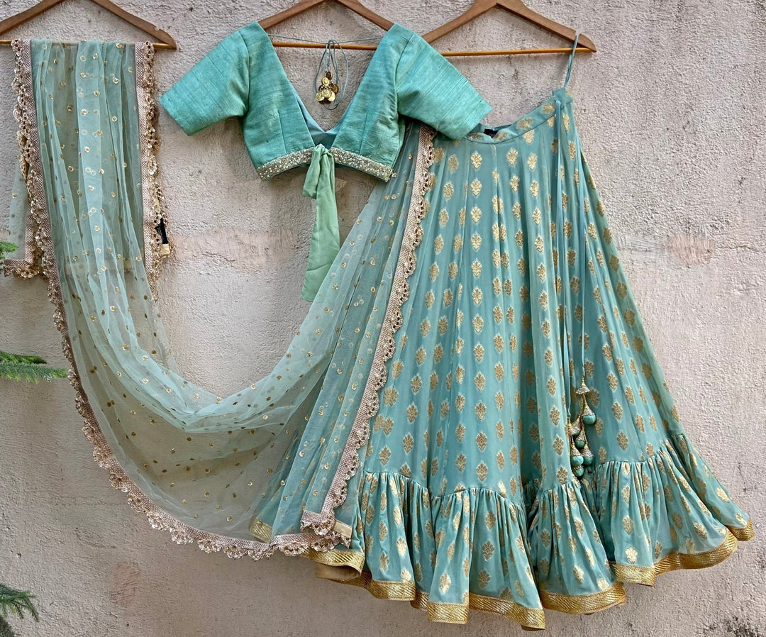 Sea Green and Gold Ruffle Lehenga Set Priti Sahni - Fabilicious Fashion