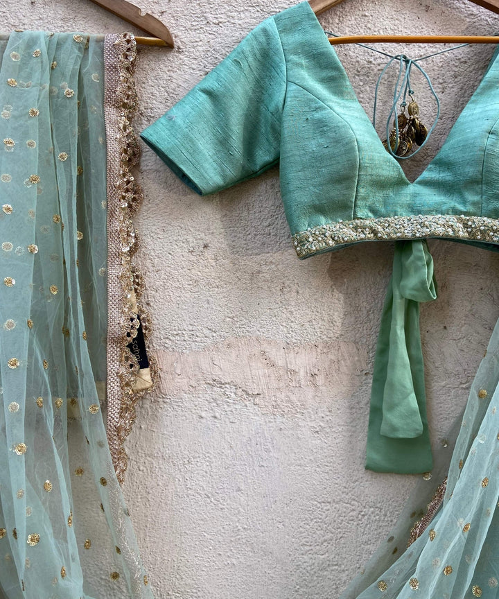 Sea Green and Gold Ruffle Lehenga Set Priti Sahni - Fabilicious Fashion
