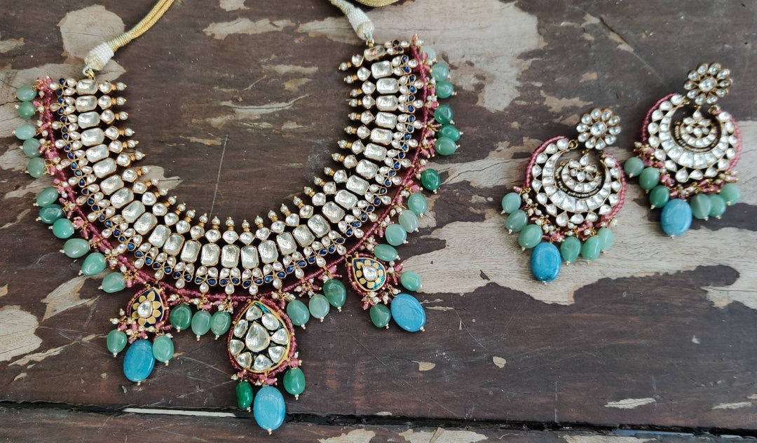 Sea Green And Pestle Blue Necklace Set Riana by Shikha Jindal - Fabilicious Fashion
