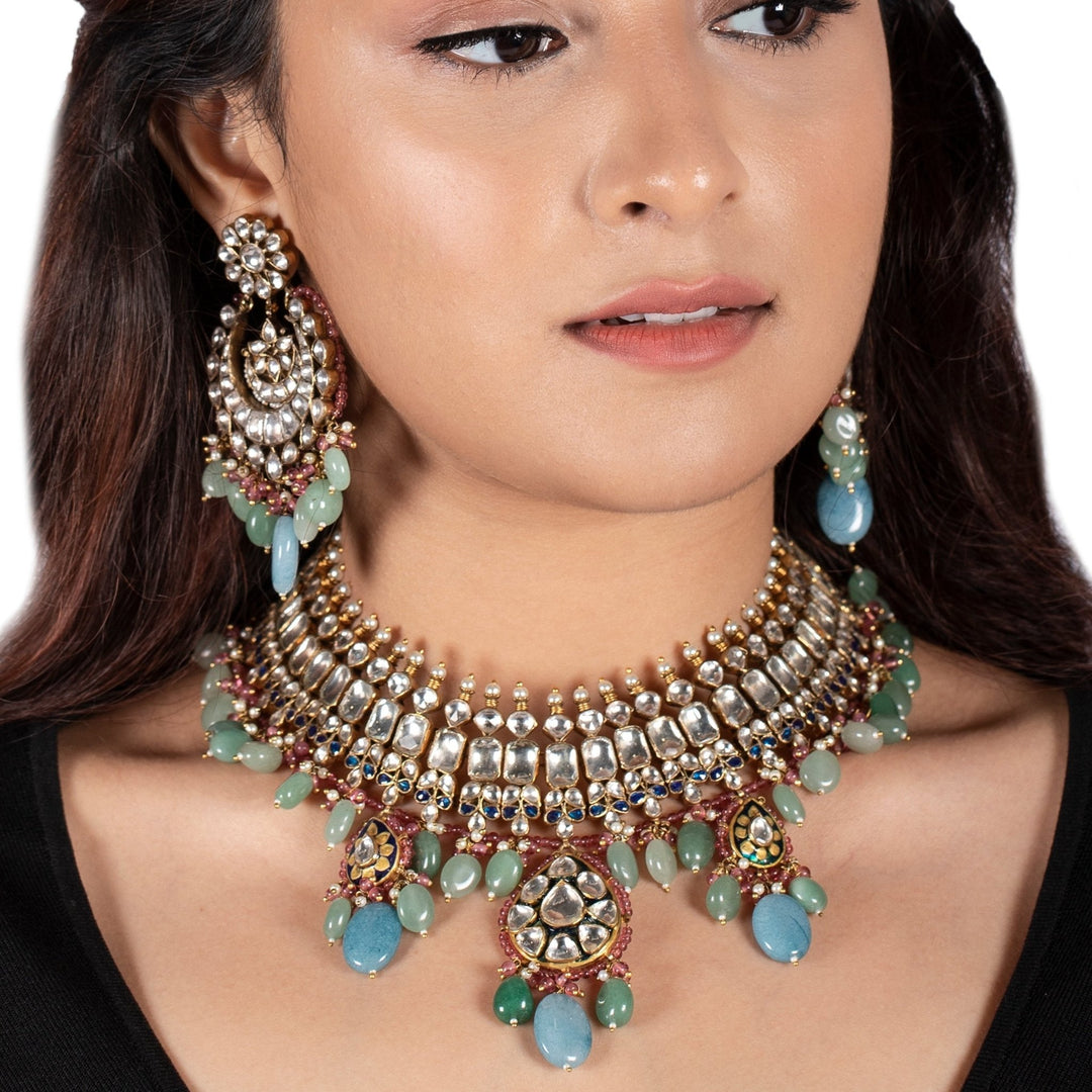 Sea Green And Pestle Blue Necklace Set Riana by Shikha Jindal - Fabilicious Fashion