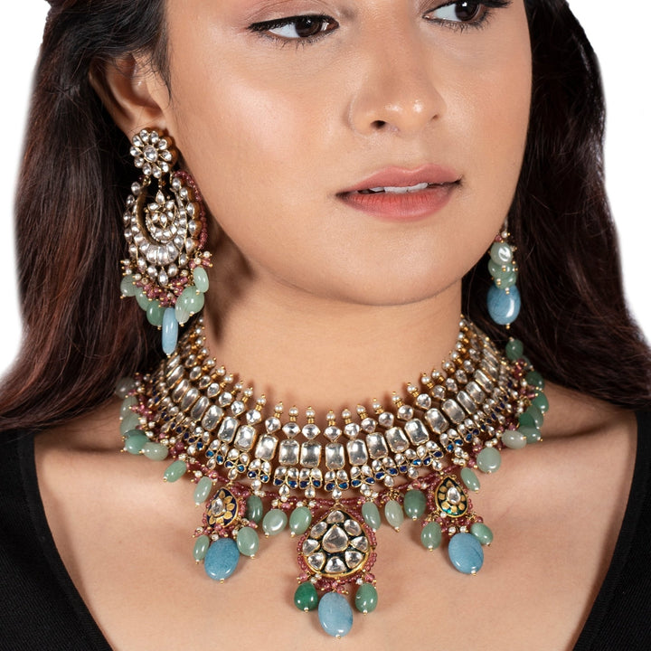 Sea Green And Pestle Blue Necklace Set Riana by Shikha Jindal - Fabilicious Fashion