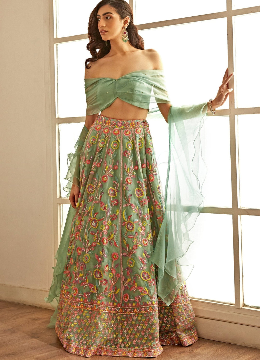 Sea Green Draped Blouse and Lehenga Set Studio Iris - Fabilicious Fashion