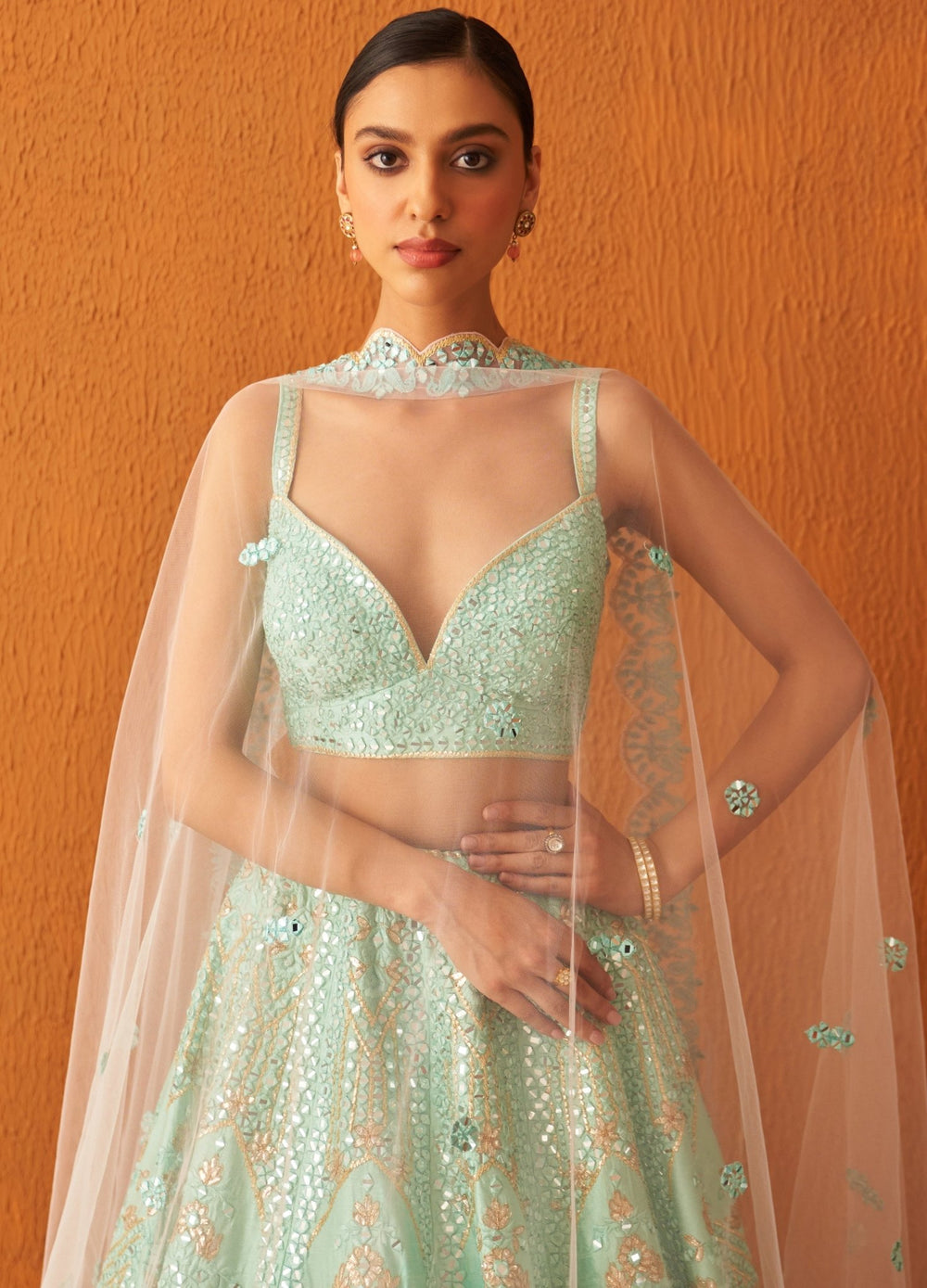 Sea Green Embellished Raw Silk Lehenga Set With Net Dupatta Angad Singh - Fabilicious Fashion