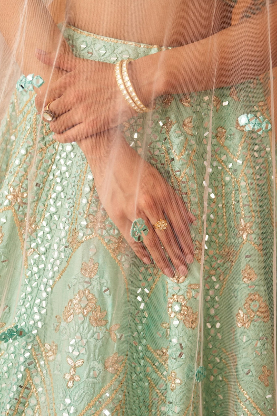 Sea Green Embellished Raw Silk Lehenga Set With Net Dupatta Angad Singh - Fabilicious Fashion