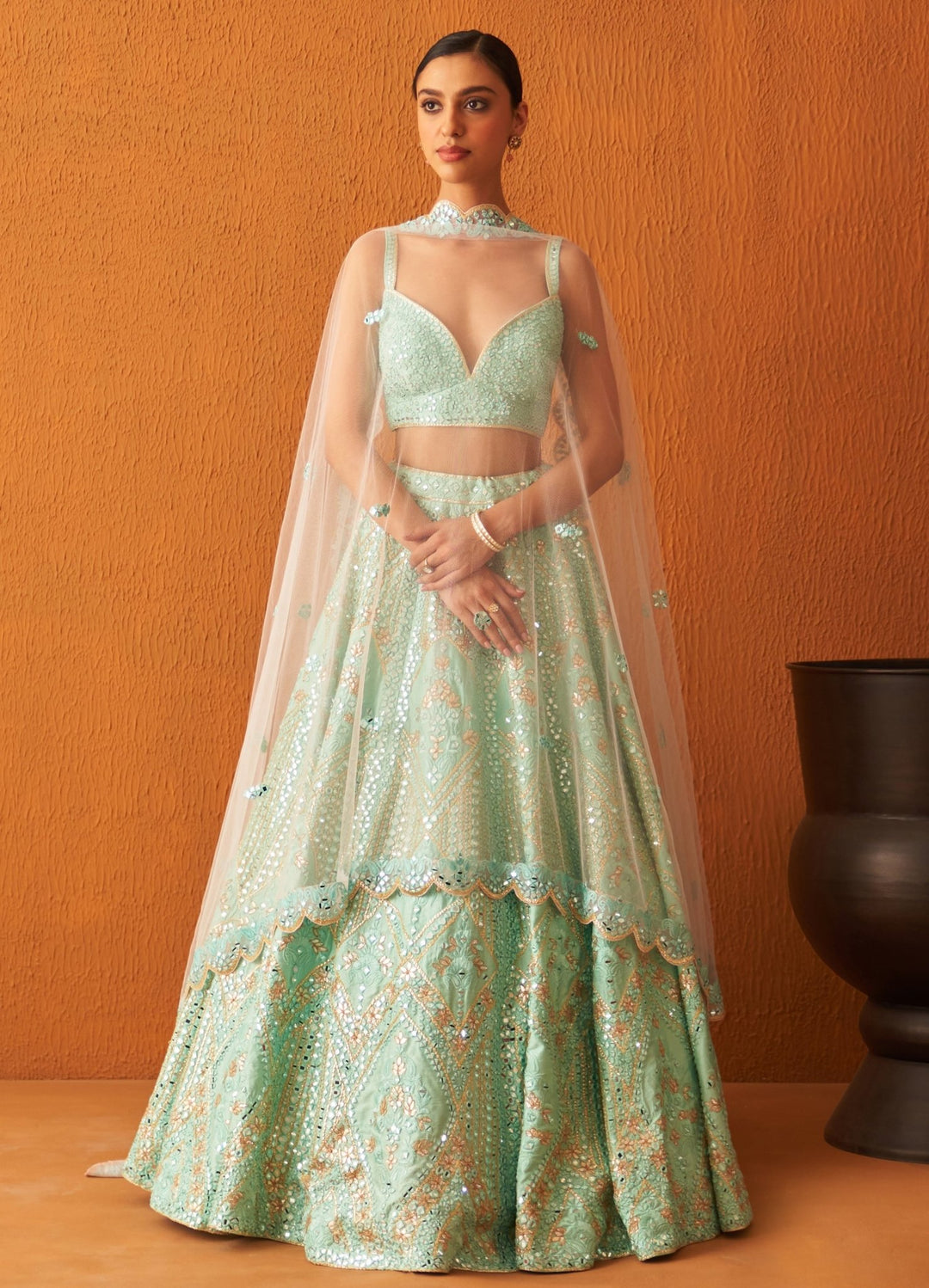 Sea Green Embellished Raw Silk Lehenga Set With Net Dupatta Angad Singh - Fabilicious Fashion