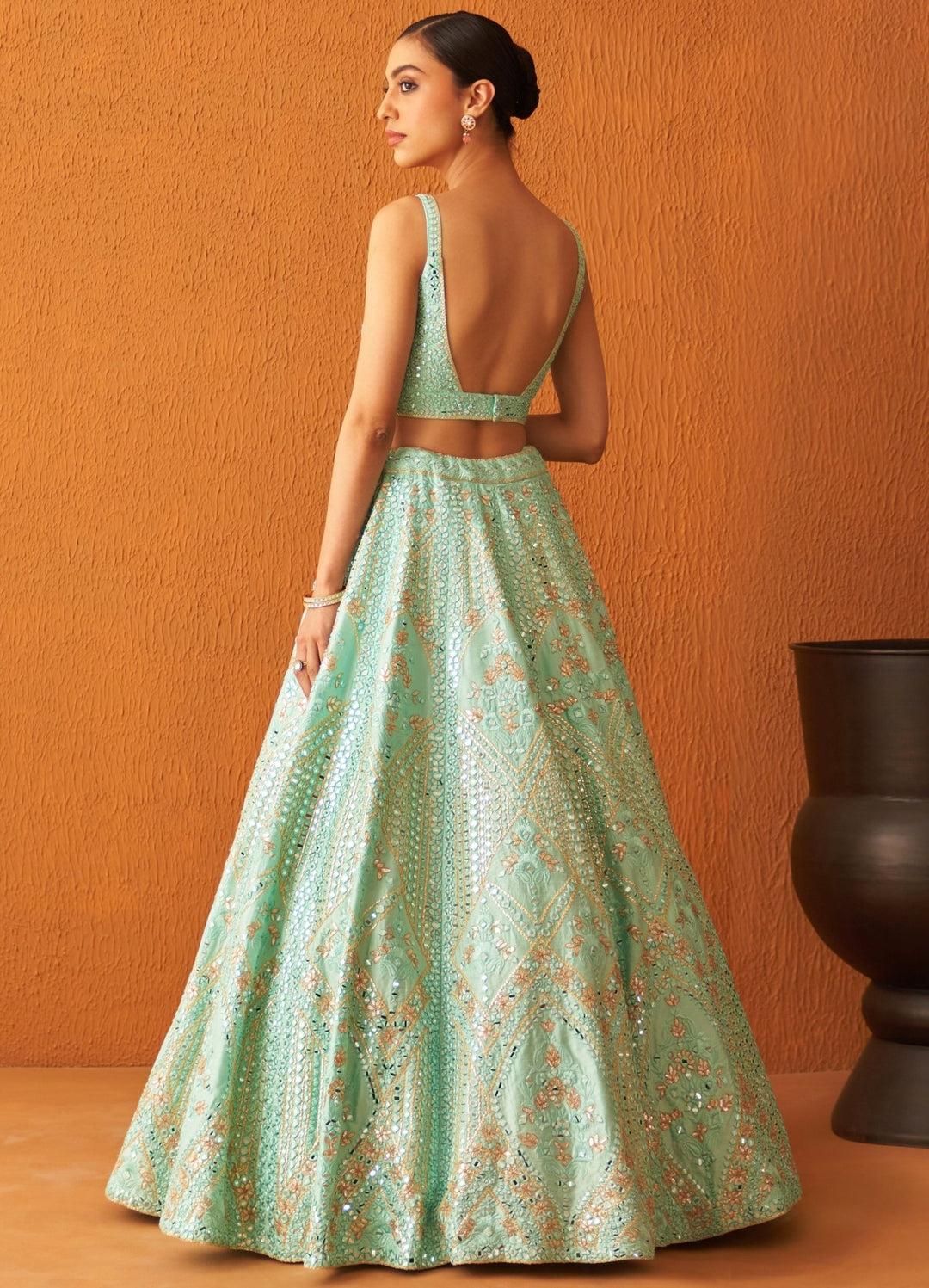 Sea Green Embellished Raw Silk Lehenga Set With Net Dupatta Angad Singh - Fabilicious Fashion