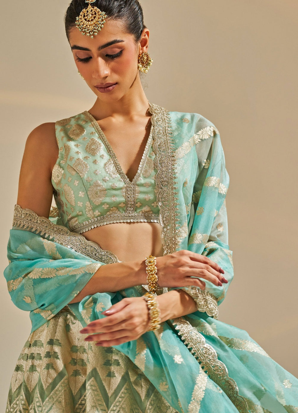 Sea Green Embroidered Banarsi Silk Lehenga Set Studio Iris - Fabilicious Fashion