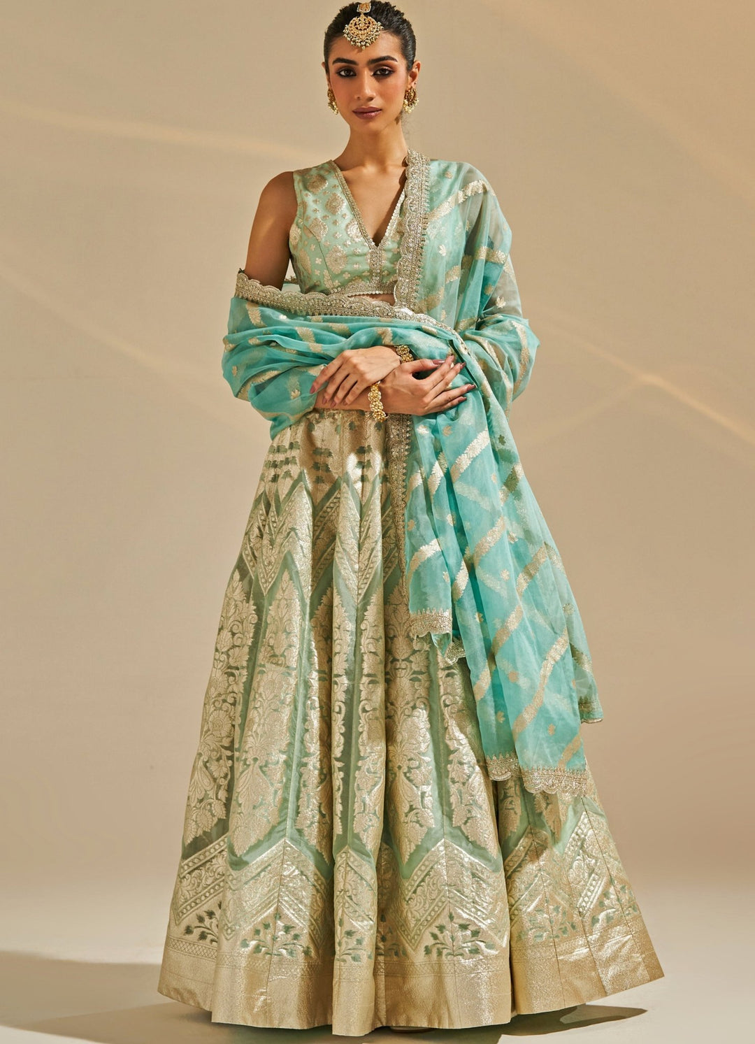 Sea Green Embroidered Banarsi Silk Lehenga Set Studio Iris - Fabilicious Fashion