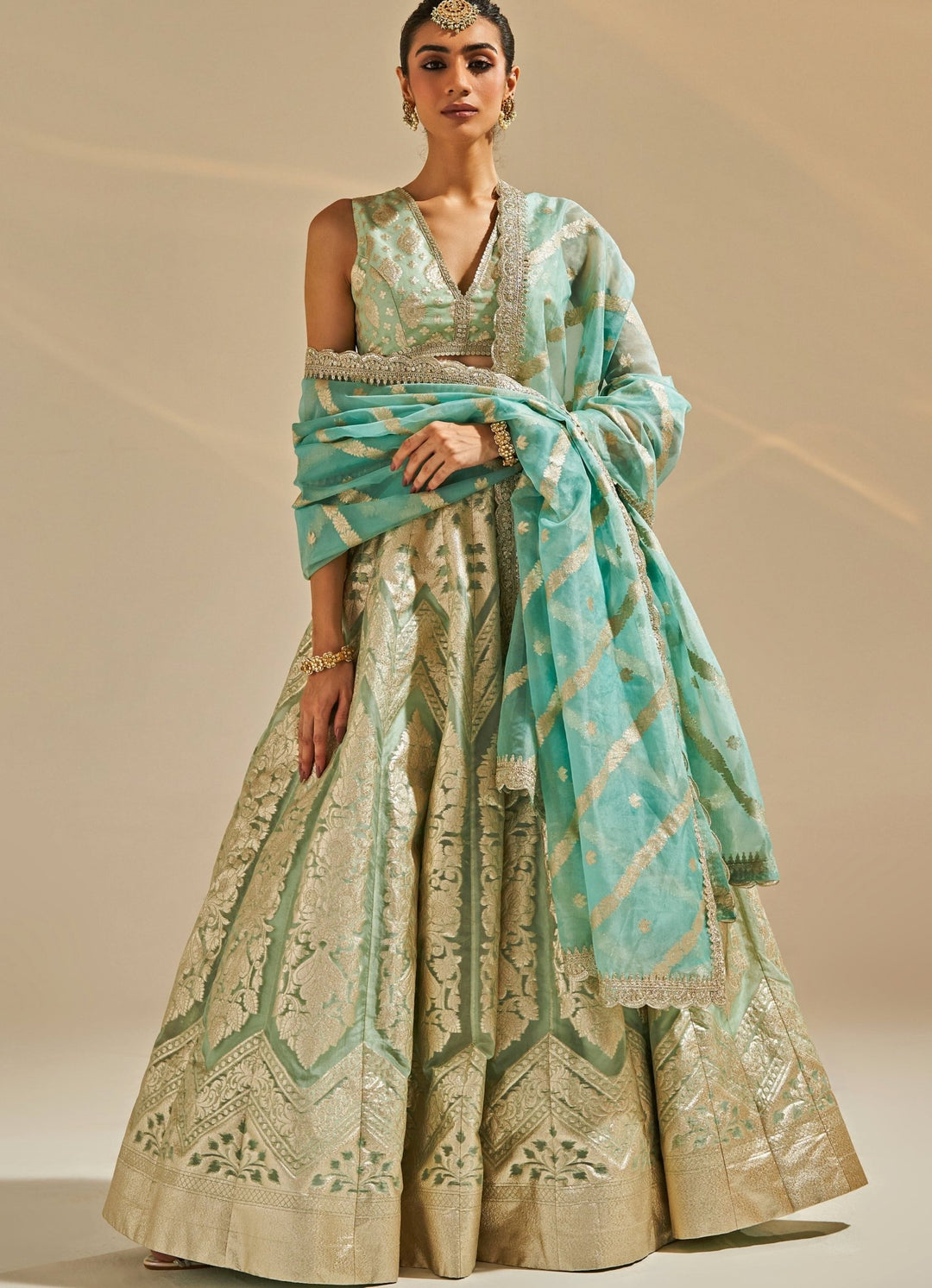 Sea Green Embroidered Banarsi Silk Lehenga Set Studio Iris - Fabilicious Fashion