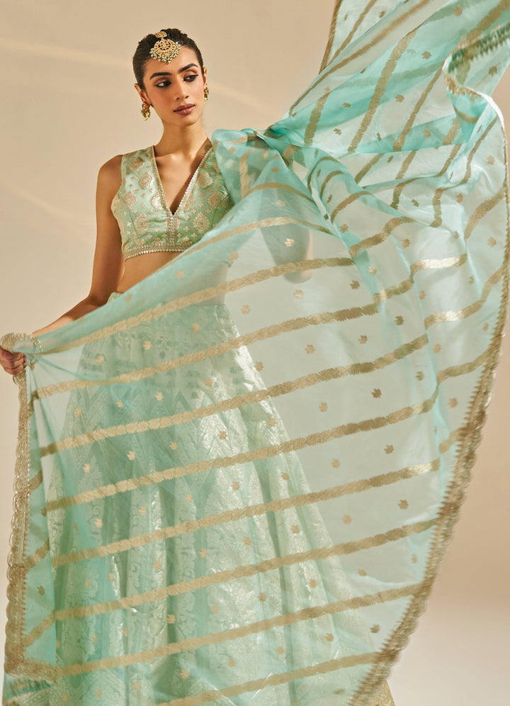 Sea Green Embroidered Banarsi Silk Lehenga Set Studio Iris - Fabilicious Fashion