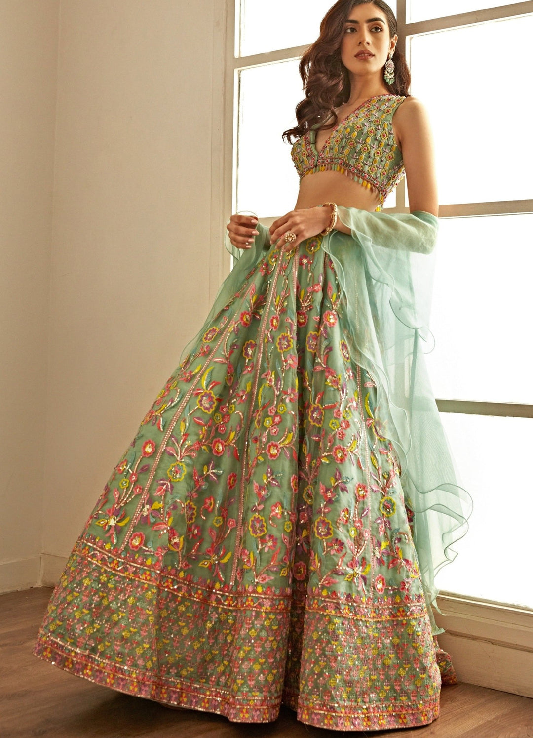 Sea Green Lehenga Set With Summer Colours Embroidery Studio Iris - Fabilicious Fashion