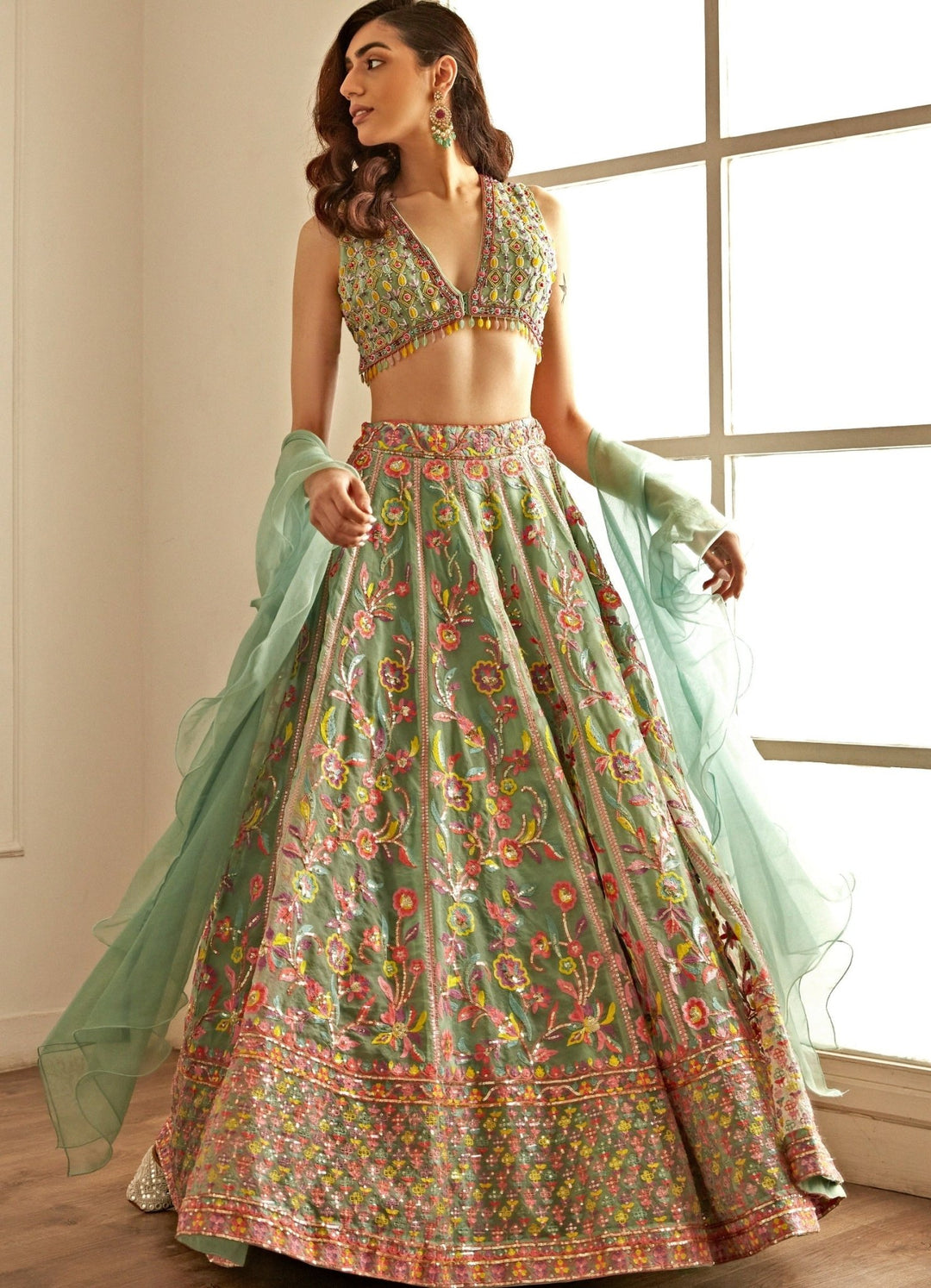 Sea Green Lehenga Set With Summer Colours Embroidery Studio Iris - Fabilicious Fashion