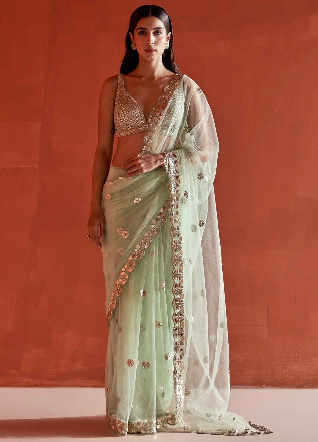 Sea Green Net Saree With Mirror Work Angad Singh - Fabilicious Fashion