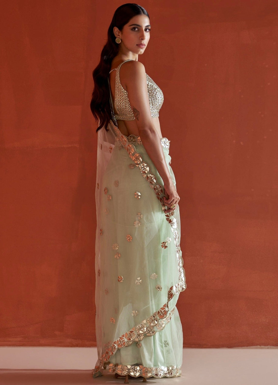 Sea Green Net Saree With Mirror Work Angad Singh - Fabilicious Fashion