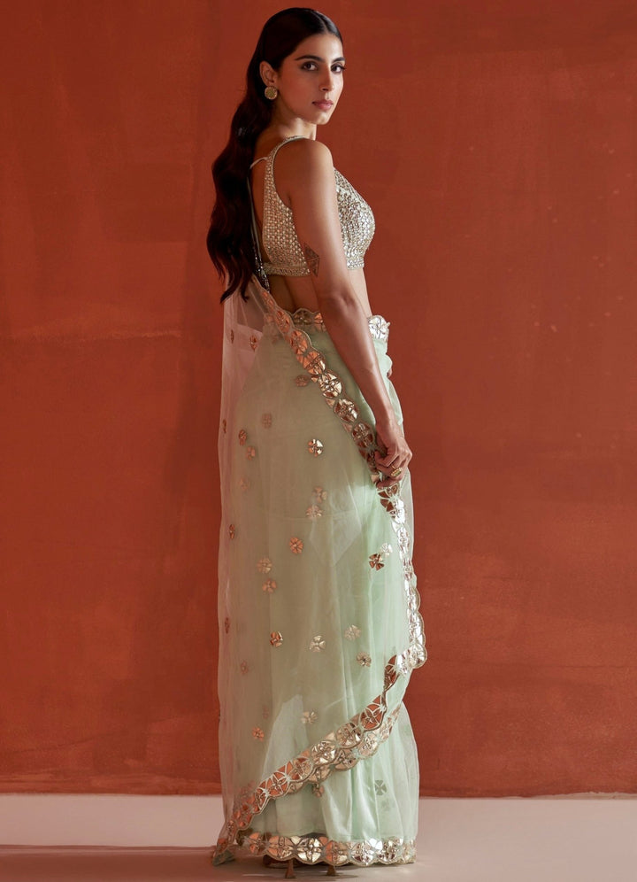 Sea Green Net Saree With Mirror Work Angad Singh - Fabilicious Fashion