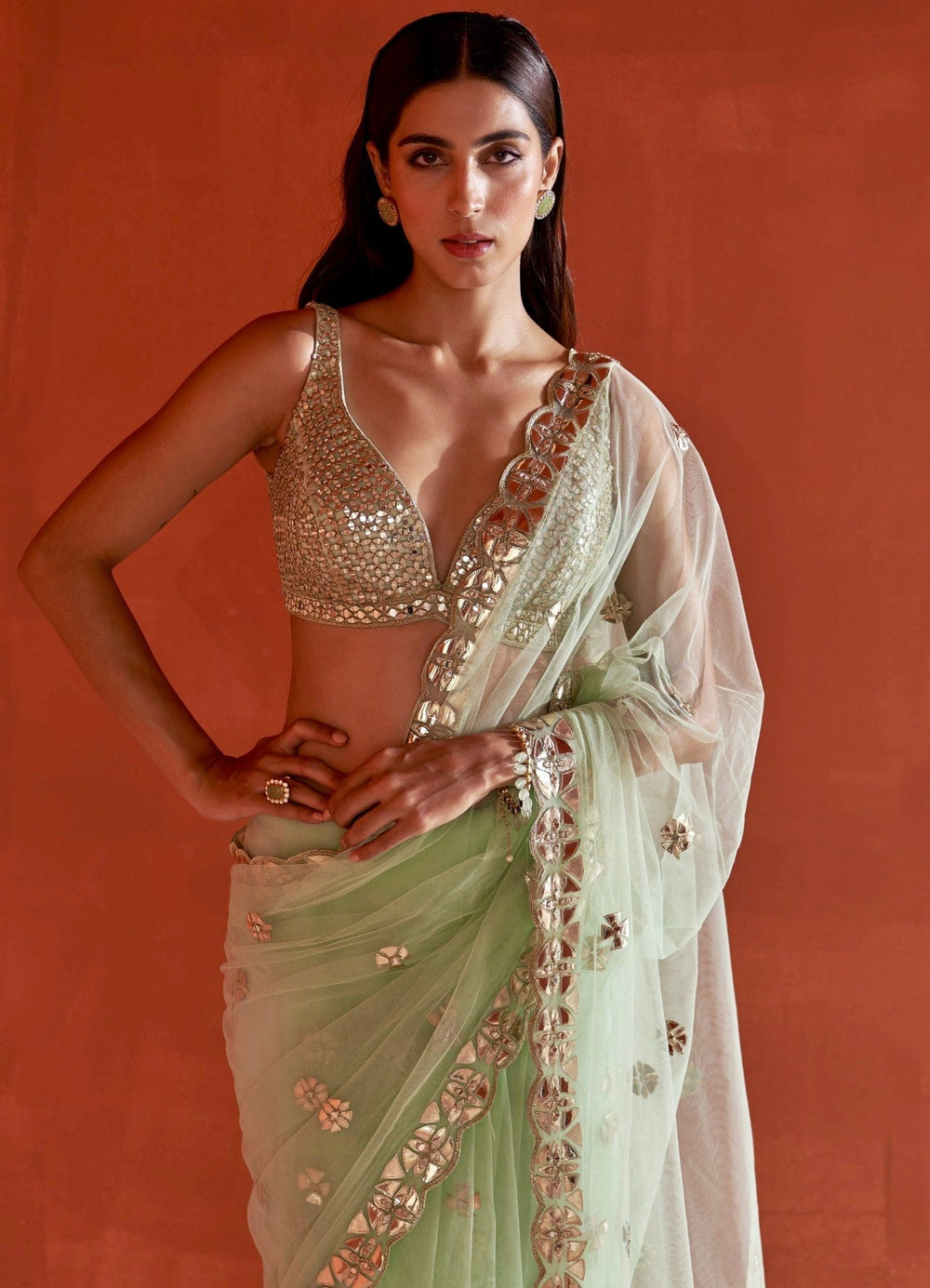 Sea Green Net Saree With Mirror Work Angad Singh - Fabilicious Fashion