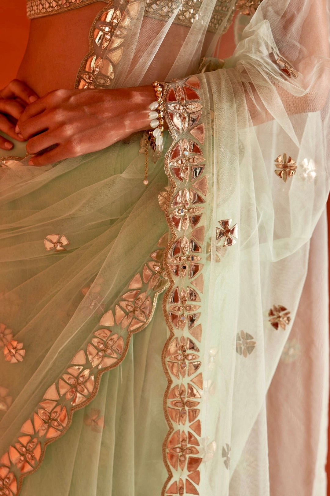 Sea Green Net Saree With Mirror Work Angad Singh - Fabilicious Fashion