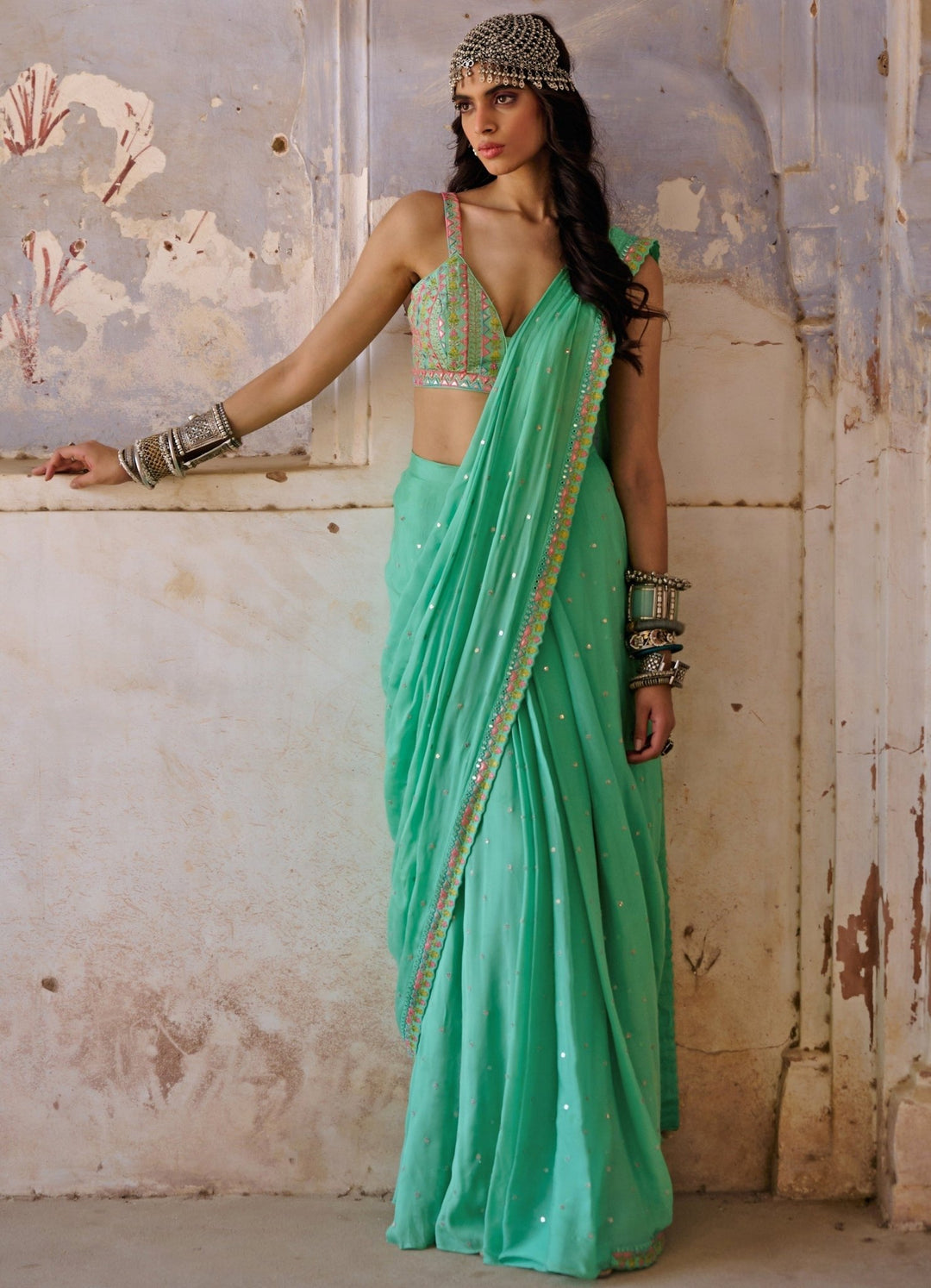 Sea Green Resham and Applique Saree Set Chamee n Palak - Fabilicious Fashion